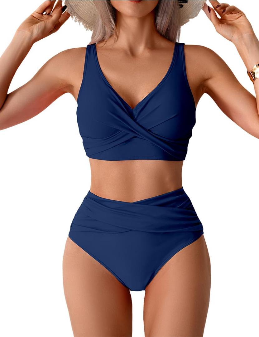 Tainehs Women's Two Piece Bikini Sets V Neck Push Up Swimsuit High Waisted Tummy Control Bathing Suit Medium