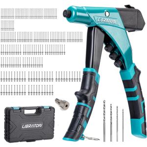 LIBRATON Professional Heavy Duty Rivet Gun, One-Handed Pop Rivet Gun Set, Robust Riveter with Shaft Container, Manual Riveting Tool, Tool-Free Interchangeable Heads, for Metal, Wood and Plastic