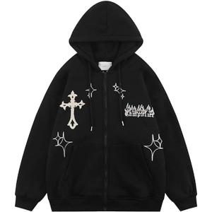 Gothic Embroidery Hoodies Women Retro Harajuku Hip Hop Jacket Zip Up Hoodie Loose Sweatshirt Clothes Y2K Tops (Black, M)