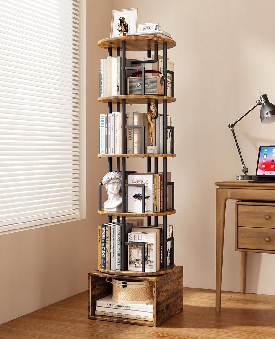 Kalrin 5 Tier Rotating Bookshelf with Extra Storage Cabinet, 360Spinning Corner Bookshelf, Floor Standing Bookcase for Kids & Adult, Narrow Book Shelf for Bedroom Living Room, Vintage Brown