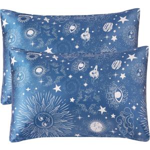 BEDELITE Satin Pillowcase for Hair and Skin Digital Printing, Super Soft Cooling Similar to Silk Pillow Cases 2 Pack with Envelope Closure, Gift for Women Men(Queen 20x30 Inch, Blue Space)