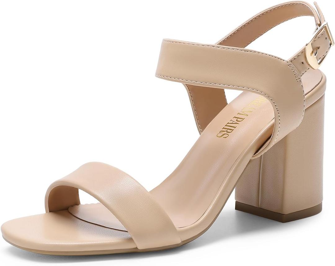 DREAM PAIRS Women's High Chunky Heels Square Toe Block Ankle Strap 3 inch Comfortable Heeled Sandals For Formal Wedding Party Dress (7.5, Nude)