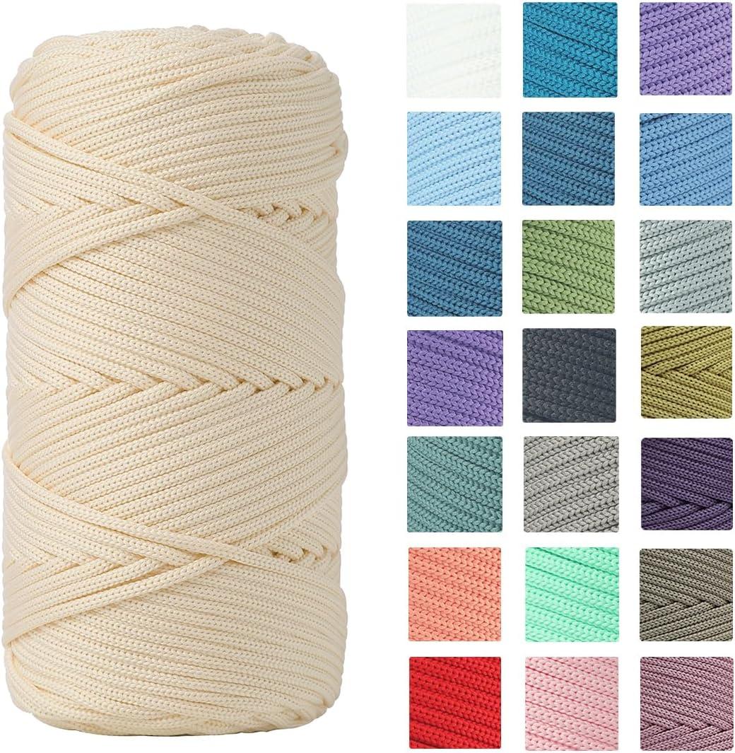 Polyester Cord 4mm 160 Yards Braided Macrame Cord, Elastic Yarn for Crocheting, Polyester Rope for DIY Hand Craft Bag Basket Cushion Home Decorations Projects (Beige)
