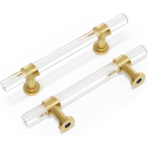 Peaha 10 Pack Acrylic Cabinet Pulls Kitchen Cabinet Handle Gold Dresser Drawer Pull Brushed Brass Cabinet Hardware, 3-1/2in Hole Center, 5-9/10 Inch Overall Length
