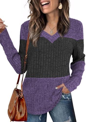 Womens Tops Fall Fashion Sweatshirts for Women V Neck Long Sleeve Sweaters Lightweight Dressy Casual Pullover Size S