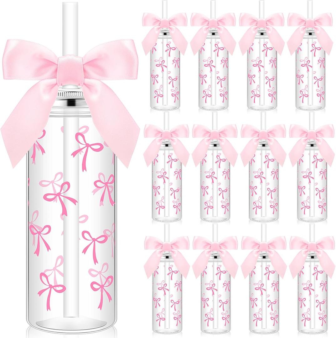 Skylety 12 Pcs 14oz Pink Bow Plastic Bottle with Straw Lid and Twist Bow Disposable Coquette Bottles Cute Inspired Retro Reusable Bottles for Women Birthday Party Friend Drinkware