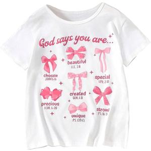 BEAUDRM Girl's Bow Shirt Cute Graphic Tees Letter Print Short Sleeve Crew Neck Summer T Shirt 11Y
