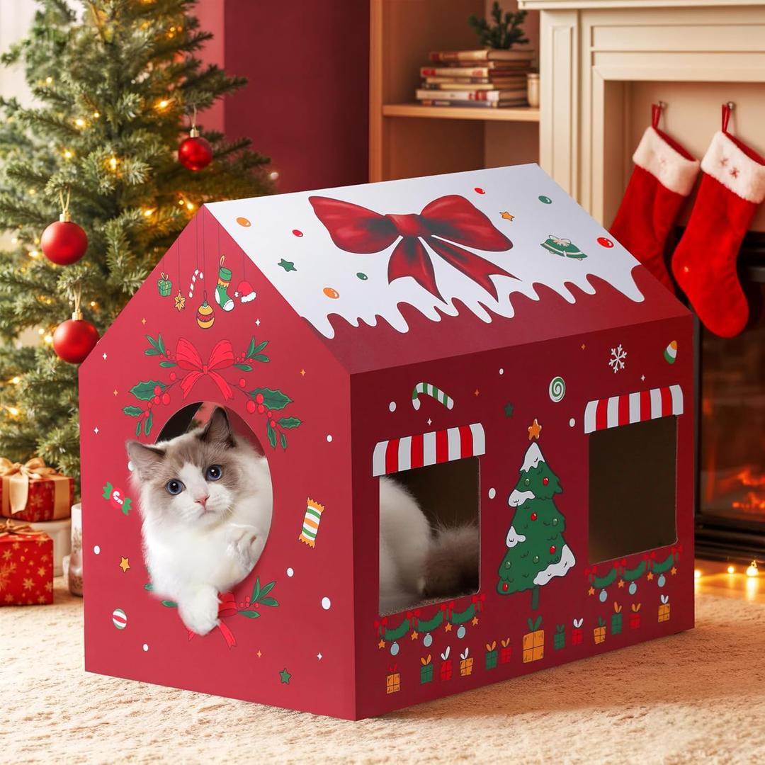 WESTERN HOME Christmas Cardboard Cat House, Indoor Cat Scratcher House (16.5''x12''x15''), Christmas Cats Cardboard Playhouse Hideaway for Small Animals