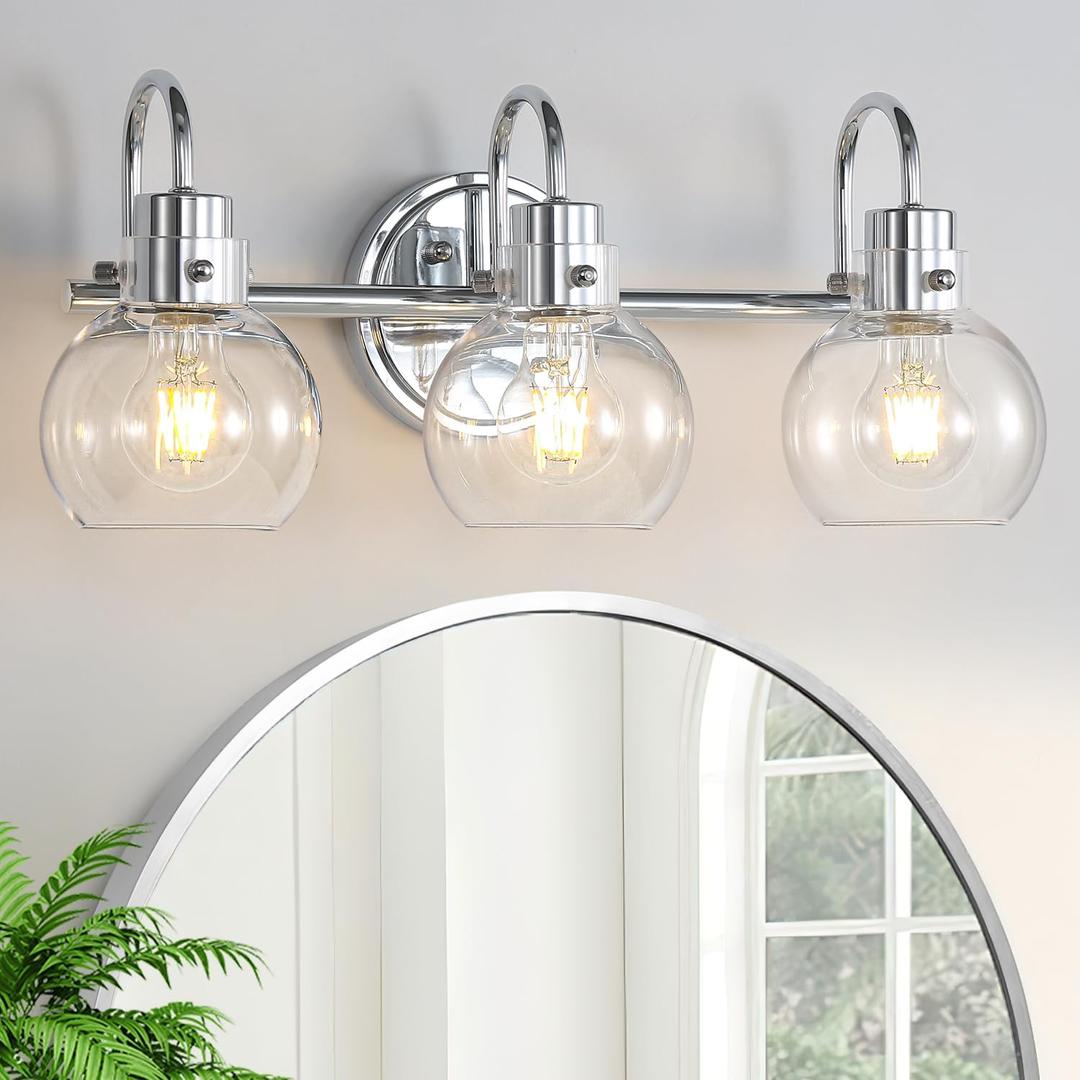 Bathroom Light Fixtures Polished Chrome 3 Light Vanity Light Wall Sconces Lighting with Clear Globe Glass Shades Bath Wall Mount Lamp for Mirror Kitchen Porch Living Room Bedroom Hallway(E26)