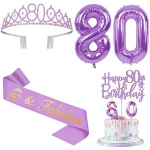 80th Birthday Decorations for Women Purple with 80th Birthday Sash and Crown, Cake Topper and Candles, Number Balloons, 80 Year Old Gifts for Women