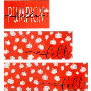 Fall Pumpkin Rubber Kitchen Rugs Set of 3,Non Slip Washable Mats Set for Home Floor Autumn Harvest Thanksgiving Day Decoration(Fall Orange, 20"x32"+20"x48"+20"x59")