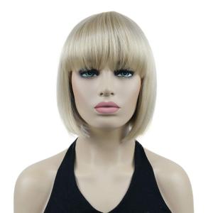 Lydell 8" Straight Short Bob Hair Flat Bangs Cute Central Dot Skin Top Heat Resistant Synthetic Wigs (26 Bright Golden Blonde)