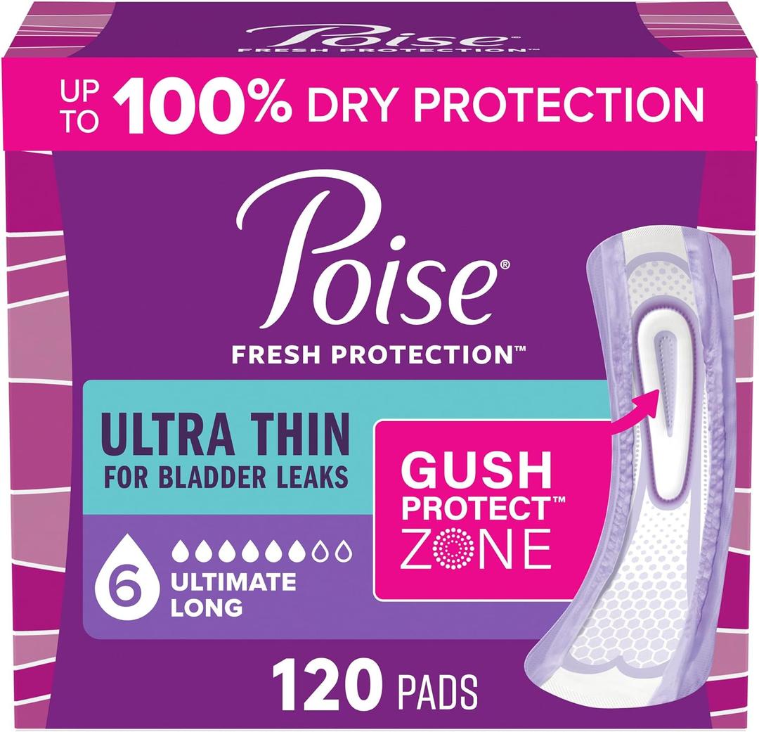 Poise Ultra Thin Incontinence Pads for Women, 6 Drop, Long, 120 ct