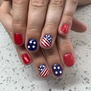 ONPRESS 24Pcs 4th of July Day Press on Nails Short Square Fake Nails with American Flag Design Independent Day Blue Star False Nails Red Full Cover Acrylic Glue on Nails for Women Patriotic Manicure