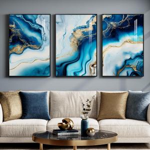 Large Framed Modern Elegant Abstract Wall Art for Living Room, 3 Piece Contemporary Blue and Gold Bright Prints Paintings Artwork for Walls, Luxury Pictures for Hallway Home Office Wall Decor 24x36 In, 24" W x 36" H x 3Pcs