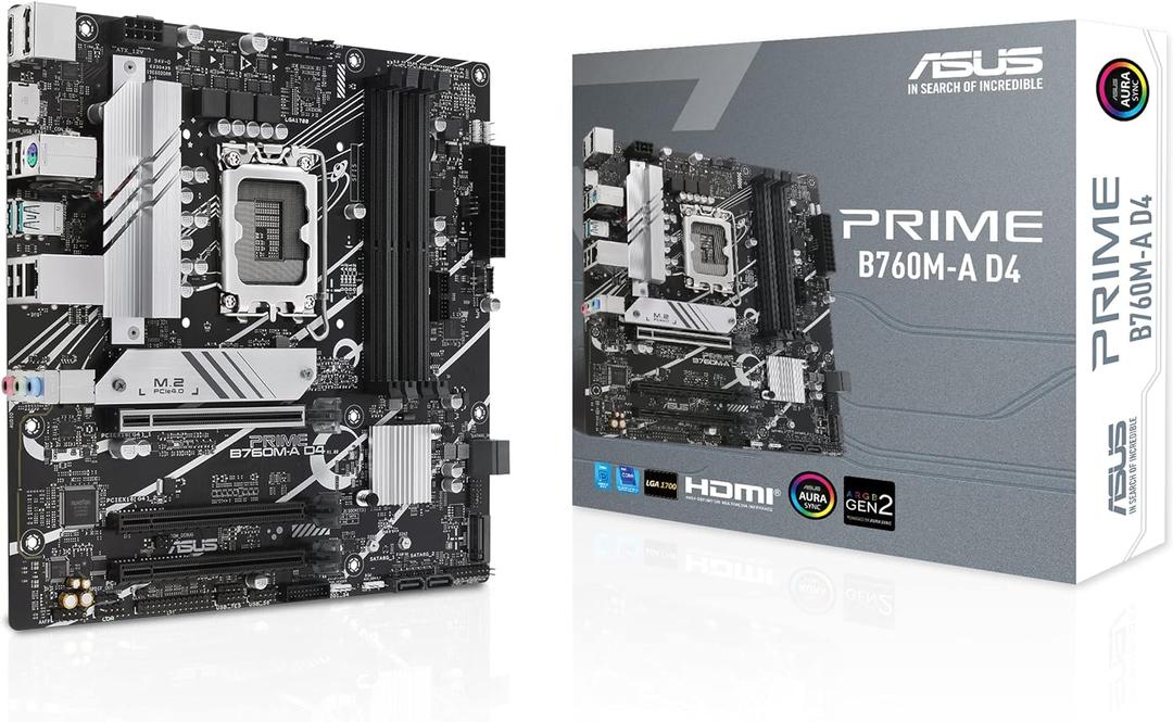 ASUS Prime B760M-A D4 Intel B760 (LGA 1700)(13th and 12th Gen) mATX Motherboard, PCIe 4.0, 2xM.2 Slots,2.5Gb LAN, DisplayPort,Dual HDMI,Rear USB 3.2 Gen 2, Front 1 Type-C, Aura Sync
