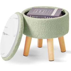 IBUYKE 13 Inch Foot Stool Ottoman with Storage, Round Small Foot Rest with Padded Seat and Wood Legs, Teddy Velvet Mini Footstool for Living Room Couch Bedroom Entryway, Green WBD006GR