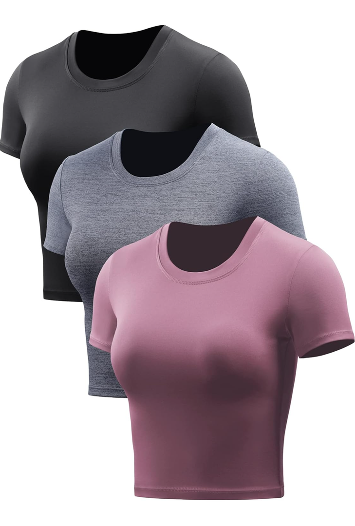 CADMUS Women's Dry Fit Crop Top Yoga Short Sleeve Shirts Crew Neck Athletic Running Tee 3 Pieces