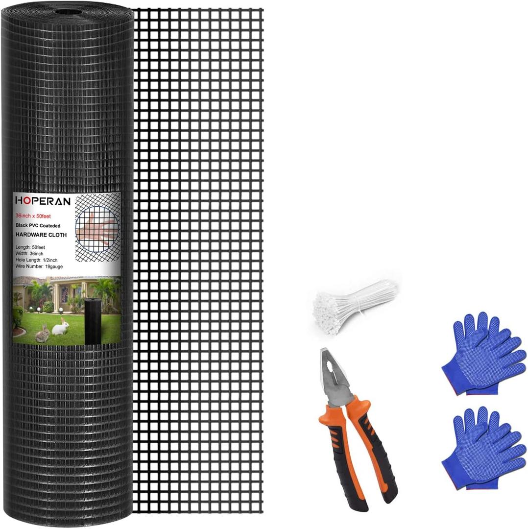 HOPERAN Black Hardware Cloth 1/2 inch 36 x 50 Ft Mesh 19 Gauge PVC Coated Chicken Wire - Vinyl + Galvanized Double Coated Fence - Welded Wire Mesh Roll for Chicken Coop Fencing Garden Fencing