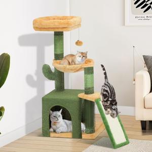 YITAHOME 37in Tall Cactus Cat Tree Tower with Self-Grooming Brush, Cute Cat Climbing Tower for Indoor Cats with Cat Condo, Plush Platform, Hammock, Sisal Scratching Posts, Dangling Ball