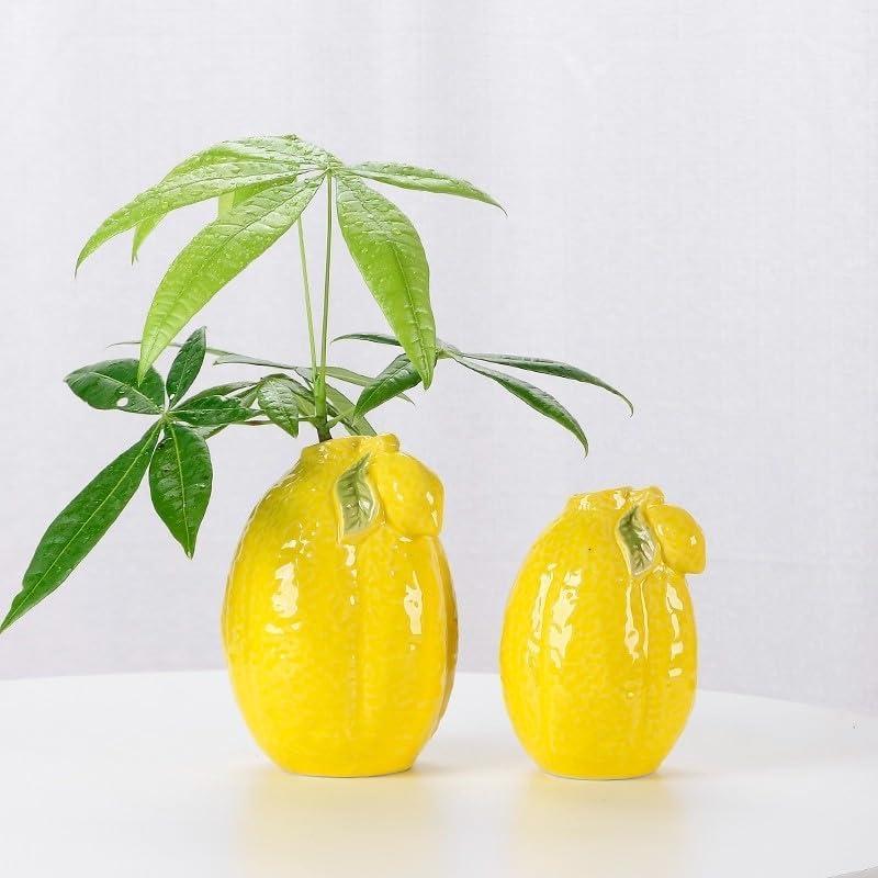 Cute Small Vase for Fresh Flowers, Ceramic Lemon Vase for Small Flowers, Decorative Plant Pot Home Decor Table Centerpiece for Living Room, Bedroom, Kitchen, Office Desk, Unique Gift Idea (Yellow L)