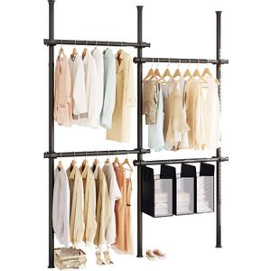 Floor-to-Ceiling Clothes Rack with 3 Laundry Hampers, Heavy-Duty Adjustable Closet Organizer, Modular Wardrobe Storage System, Black, Size: 4-Pole Max