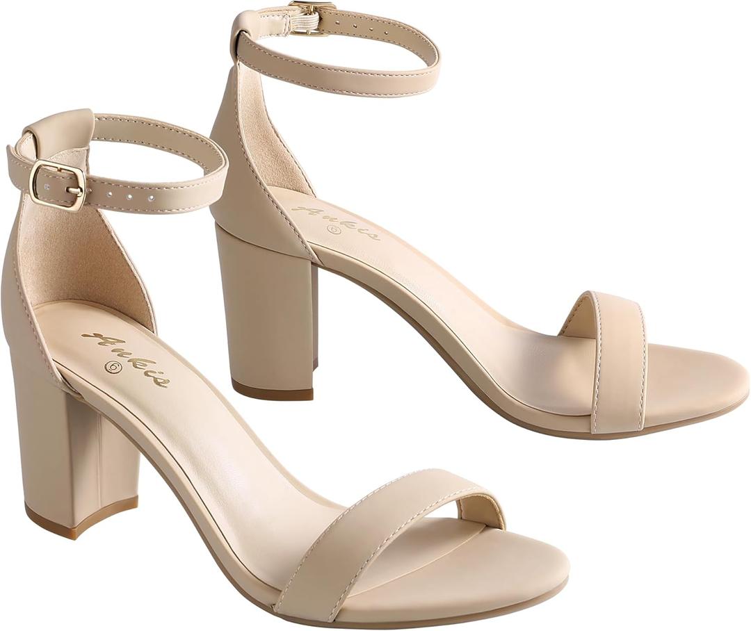 Ankis Heels for Women Open Toe Ankle Strap Chunky Heel Sandals 2.75 Inch (Nude Nubuck, 8.5)