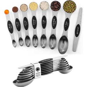 ChefAide Pack of 8 Stainless Steel Magnetic Measuring Spoons Set, Dual Sided, Stackable, Adjustable Teaspoon and Tablespoon Measure Spoon with Leveler, Kitchen Gadgets Set 5 (Black)