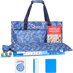 American Mahjong Game Set, 166 Blue Tiles (1.2), 4 All-in-One Color Rack/Pushers & Drawstring Bag, Complete Mahjong Sets with Blue Printed Carrying Bag and Mahjong Tile Set Accessories