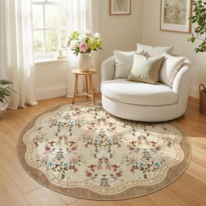jinchan Round Rug 5ft Floral Entryway Rug Soft Washable Kitchen Oriental Non Slip Mat Low Pile Chinoiserie Lightweight Flower Throw Carpet for for Bedroom Living Room Playroom Office, Light Taupe