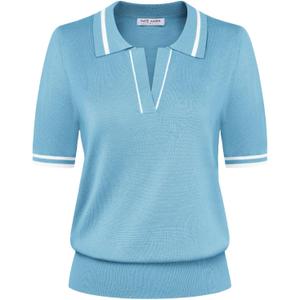 Kate Kasin Women Short Sleeve Polo Sweater V Neck Knitted Tops Casual Ribbed Shirt Loose Pullover Sweater (Blue, XL)