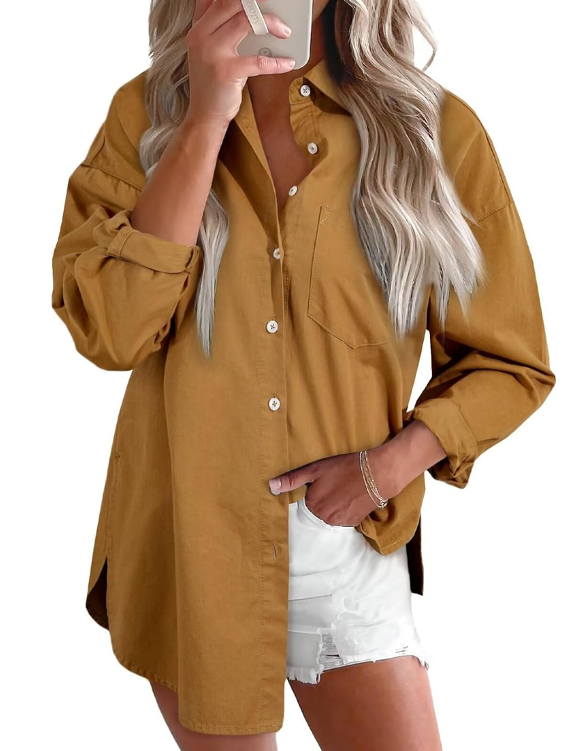Astylish Women Denim Shirts Button Down Blouse V Neck Casual Tops, XL