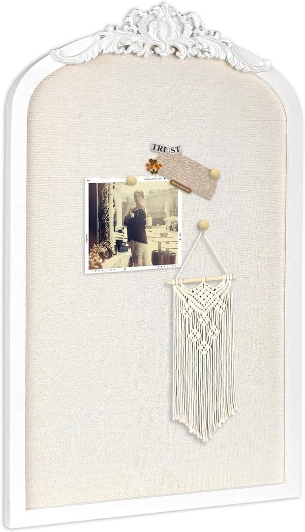 Bulletin Board with Linen, Vintage Arch Framed Pin Board – 15.7" x 24.8" White Cork Board for Walls, White Pine Wood Frame, Fabric Pinboard, Vision Board for School, Home & Office, 16" x 25"