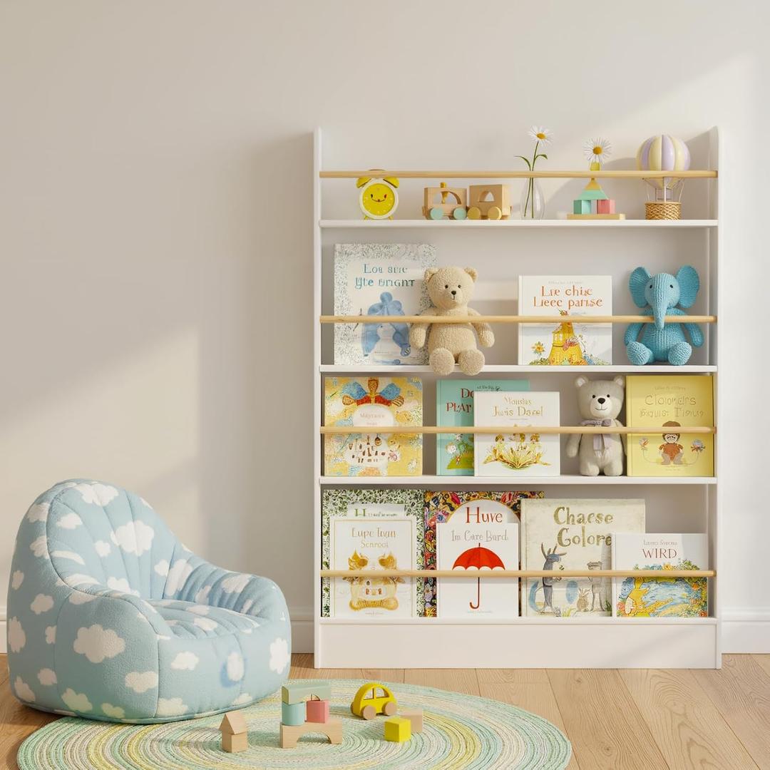 Kids Bookshelf Wall Mounted, Behind the Door Shelf Wooden Narrow 4 Tier Behind Door Storage Bookcase for Books & Toys, Space-Saving for Kid's Room, Nursery, Playroom & Bedroom White