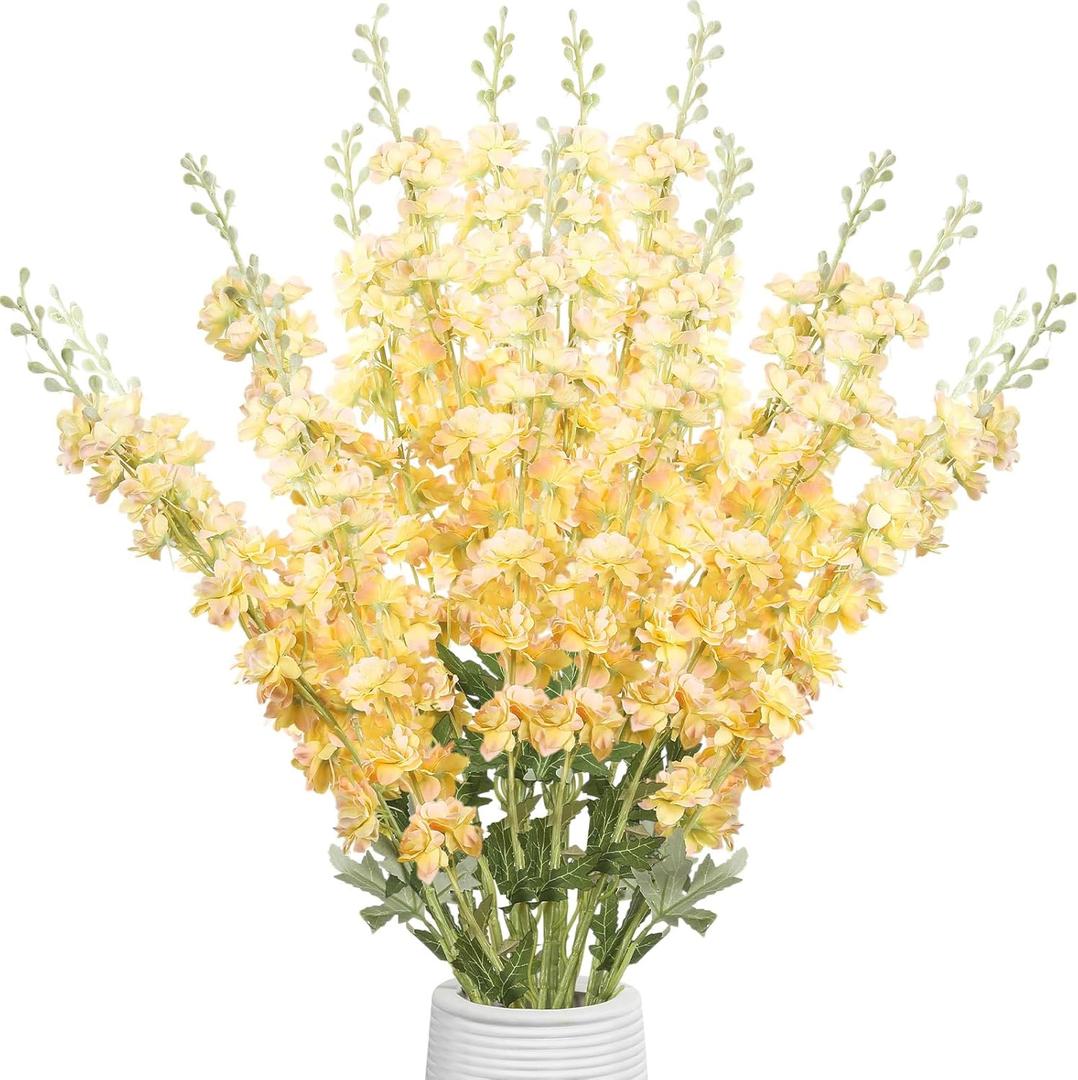 Thiccywoov 12 Pcs Delphinium Artificial Flowers, 33.5'' Long Stem Lifelike Faux Silk Flower Fake Look Real Bouquet for Tall Vase DIY Wedding Party Home Kitchen Arrangement Decor(Gradient Yellow)