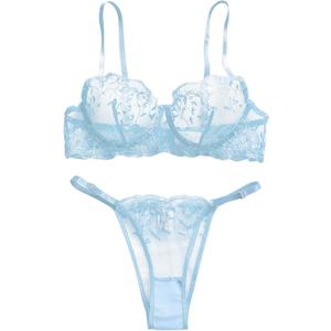 Lilosy Sexy Floral Embroidered Mesh Women Underwire Push Up Lingerie Set (Small, Floral Light Blue)