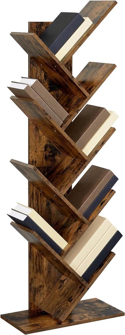 VASAGLE Tree Bookshelf, 9-Tier Bookcase, Large Bookshelf, Space-Saving Corner Shelf, Book Tree, Holds Books, CDs, Games, for Bedroom, Living Room, Home Office, Rustic Brown ULBC11BX