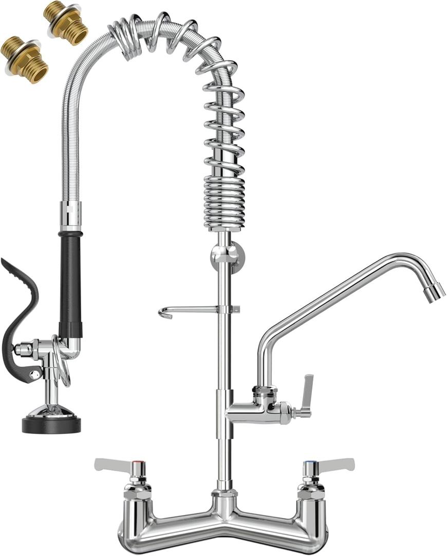 Commercial Faucet with Pre-Rinse Sprayer : 25" Height 8" Adjustable Center Wall Mount Commercial Kitchen Sink Faucet with Pull Down Spray & 10" Add-on Swing Spout for 1/2/3 Compartment Sink, Chrome