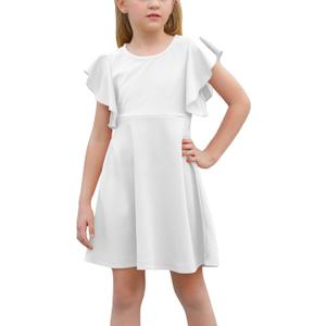 GORLYA Girl's Flutter Sleeve Stretchy A-Line Swing Flared Skater Party Dress with Pockets for 4-12 Years Kids (White)