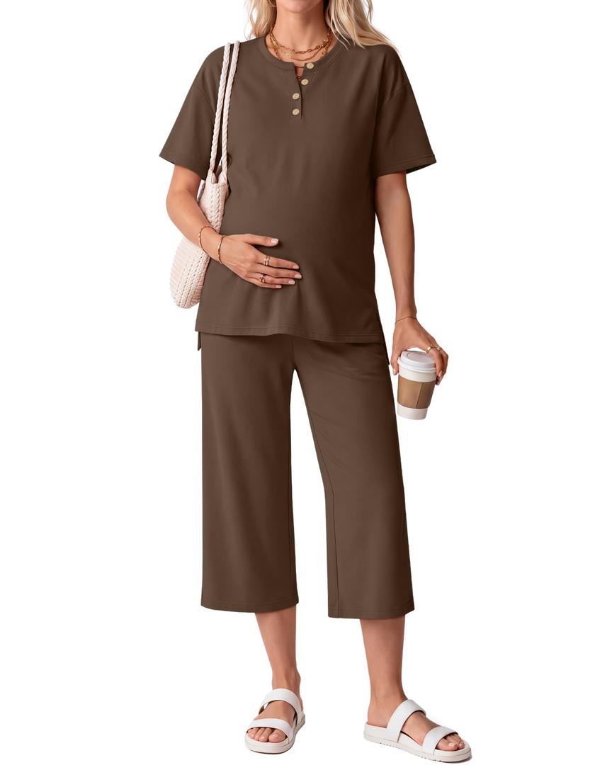 JoyMotion 2 Piece Maternity Outfit for Women, Coffee, Large
