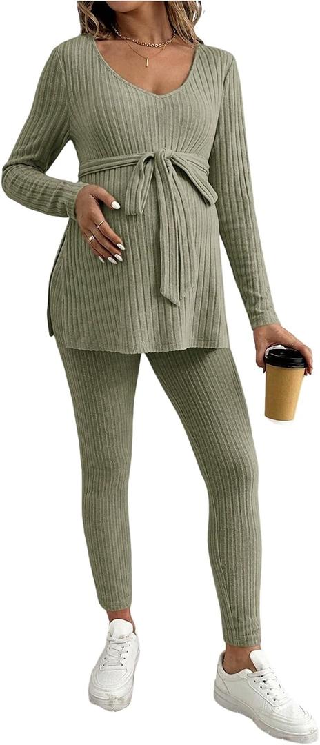 MakeMeChic Women's Maternity Clothes 2 Piece Outfit Long Sleeve V Neck Belted Tops and Leggings Lounge Set Army Green Medium