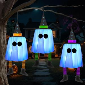 JOYIN 23.6'' 3PCS Halloween Hanging Ghosts Decorations Outdoor, Blue Hanging Light Up Ghost Decor with Witch Hat & Timer, Halloween Decorations for Yard Patio Tree Garden Outside Haunted House Party