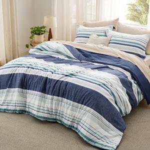 Bedsure Comforter Set Queen Size - Striped Bedding Comforter Set for Boys, 3 Pieces, 1 Soft Reversible Blue Comforter and 2 Pillow Shams (05 - Navy Blue)