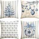 AVOIN colorlife Blue Stripe Christmas Tree Balls Bow Throw Pillow Cover, 18 x 18 Inch Seasonal Snowflake Winter Holiday Cushion Case Decoration for Sofa Couch Set of 4