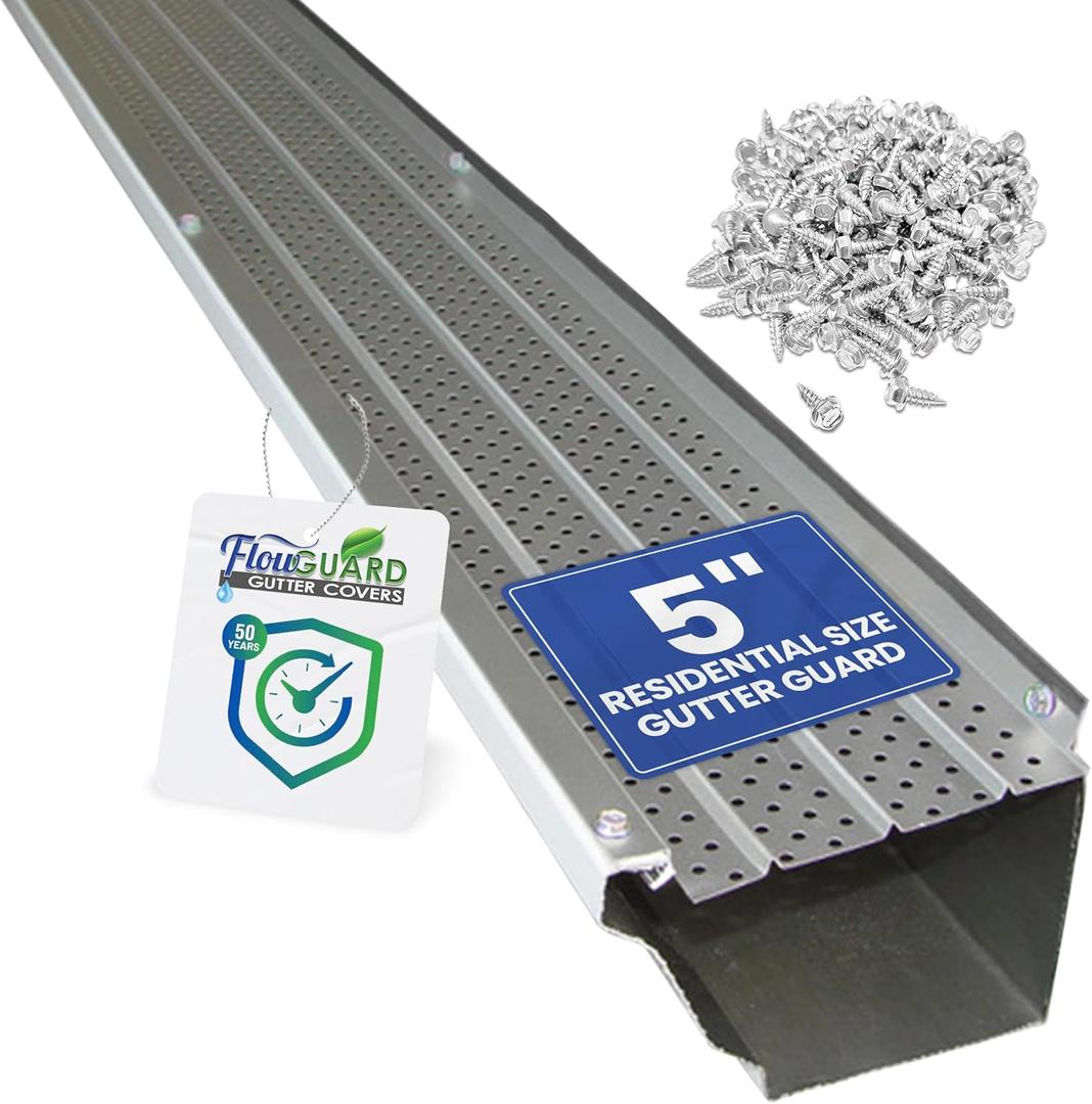 FlowGuard Gutter Guard, USA Made Professional DIY 5 Inch 50-Year Gutter Cover Leaf Protection System - Matte - Aluminum - 204 Feet - by FlexxPoint, Size Name: 200'