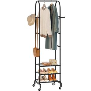 Garment Rack with Wheels,Small Metal Coat Rack With 4 Hooks,Freestanding Heavy Duty Clothing Rack with Shoe Shelves,Hanging Rod for Small Space,Bedroom,Entryway, Office, Living Room (Black)
