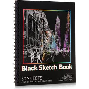 50 Sheets Black Paper Sketchbook, 108 lb/160gsm Heavyweight Black Sketch Pad 912in, Acid-Free Drawing Paper, Spiral Bound Sketch Book for Kids, Teens, Artist