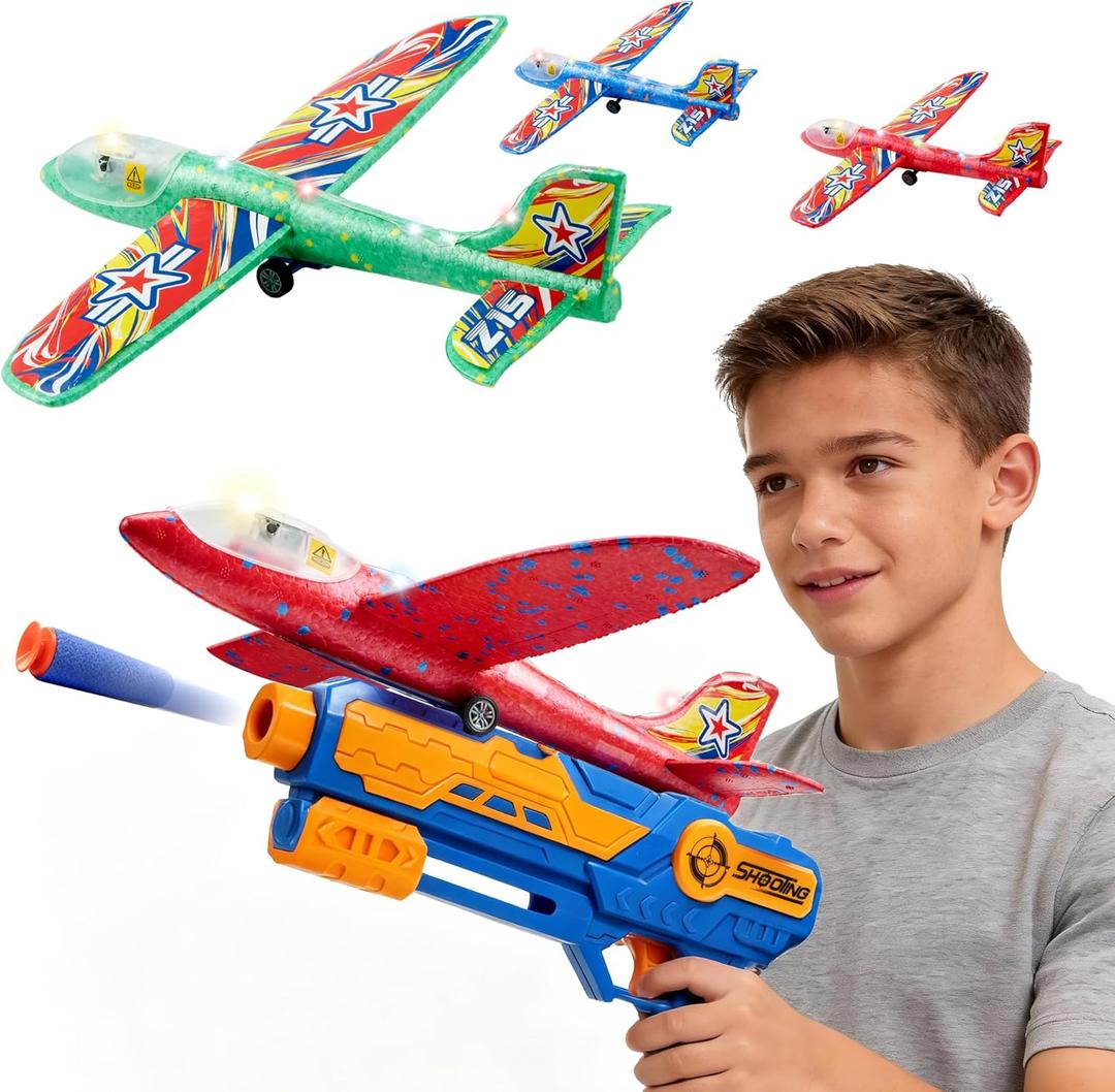 JOYIN LED Foam Glider Airplane Launcher Set, Included Light-Up Flying Planes and Handheld Launcher, Long Distance Outdoor Flying Game for Teens & Adults (14+)