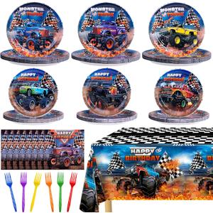 Monster Truck Birthday Decorations Kit - 97 Pcs Machines Jam Party Supplies for Boys Serves 24 Guests, Including Plates, Napkins, Forks & Tablecloth - Perfect for Monster Truck Themed Decor