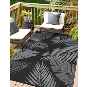sarben Outdoor Rug 9x12 Waterproof for Patio Clearance, Reversible Indoor Outdoor Plastic Straw Camping Rug Carpet, RV Mat, Large Area Rug for Deck, Backyard, Balcony, Porch, Beach, Black & Grey